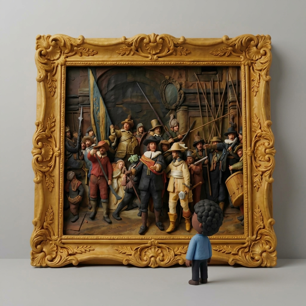 Kind kijkt omhoog naar een enorm schilderij in een gouden lijst